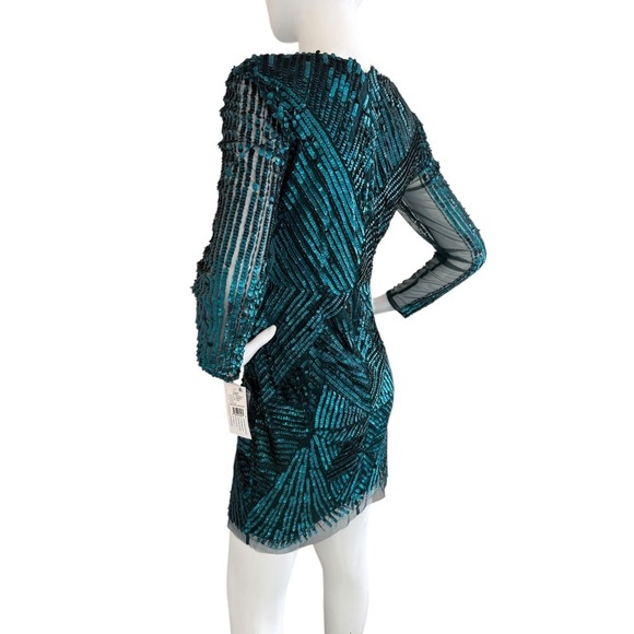 Aidan Mattox Sequin Beaded Cocktail Dress Emerald Green V Neck Long Sleeve US 4 - Picture 2 of 16
